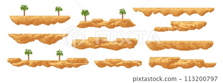 8 bit arcade pixel art game palm, sand dunes and oasis platforms, vector UI environment assets. Retro 2d video game floating jump platforms, exotic beach islands and desert blocks with tropical trees 113200797