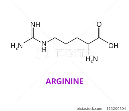Arginine amino acid chemical molecule, essential chain structure. Muscle protein molecule compound, essential amino acid science formula or nutritional supplement vector molecular structure Arginine amino acid chemical molecule, essential chain structure. Muscle protein molecule compound, essential amino acid science formula or nutritional supplement vector molecular structure 113200804