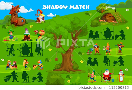 Shadow match game with cartoon garden gnome and dwarf characters, vector puzzle worksheet. Find correct shadow of cartoon fairytale funny gnomes at village or forest dwarf with fairy tale houses Shadow match game with cartoon garden gnome and dwarf characters, vector puzzle worksheet. Find correct shadow of cartoon fairytale funny gnomes at village or forest dwarf with fairy tale houses 113200813