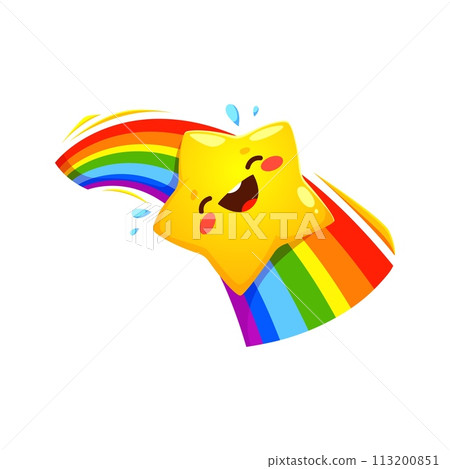 Cartoon cheerful kawaii star character sliding down rainbow with happy face. Funny twinkle vector personage playing with rainbow in sky. Starry sky emoji, space emoticon or shiny yellow star character 113200851