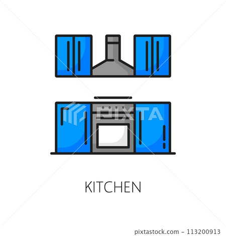 House, apartment kitchen, real estate line color icon. House mortgage outline pictogram, apartment rent, real estate insurance line icon or symbol with kitchen stove, hood and drawers 113200913