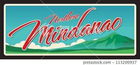 Northern Mindanao Philippines administrative area or region. Vector travel plate, vintage tin sign, retro vacation postcard or journey signboard. Plaque with Kitanglad Mountain Range in Bukidnon Northern Mindanao Philippines administrative area or region. Vector travel plate, vintage tin sign, retro vacation postcard or journey signboard. Plaque with Kitanglad Mountain Range in Bukidnon 113200937