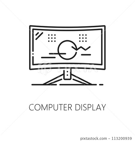 Computer industry, electronics hardware, app development software line icon. PC hardware repair and service, application and software development outline vector icon with computer display or monitor 113200939