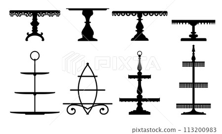 Wedding or tea cake platter, stand and tray isolated silhouettes. Vector set of black, elegant tables or plates for fruits and desserts served during festive events and ceremonies. Layered food dishes 113200983