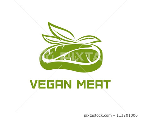 Vegan beef steak meat, plant protein, vegetable meal icon. Isolated vector emblem with green leaves and cut of meatless steak. Healthy vegetarian food, organic plant-based cuisine restaurant or shop 113201006