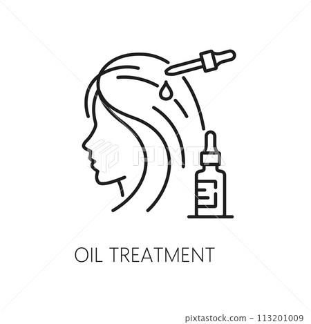 Skin oil treatment and hair care outline icon. Spa or beauty salon product, hair health cosmetics outline vector symbol with woman applying oil treatment to hair with dropper Skin oil treatment and hair care outline icon. Spa or beauty salon product, hair health cosmetics outline vector symbol with woman applying oil treatment to hair with dropper 113201009
