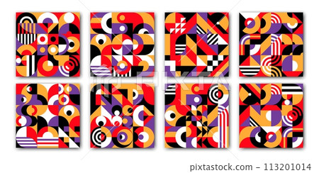 Modern abstract geometric backgrounds. Color patterns of vector circle, square and triangle geometric shapes, lines and arches graphic compositions. Yellow, red, white and black minimalist mosaic set Modern abstract geometric backgrounds. Color patterns of vector circle, square and triangle geometric shapes, lines and arches graphic compositions. Yellow, red, white and black minimalist mosaic set 113201014