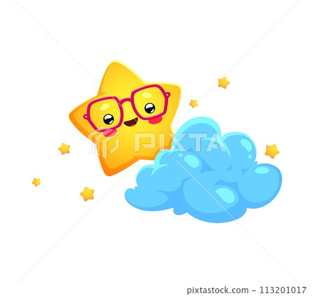 Cartoon cute cheerful kawaii star and happy twinkle character. Isolated vector celestial toon personage in glasses, gleefully shines in sky amidst fluffy clouds, spreading charming joy and radiance Cartoon cute cheerful kawaii star and happy twinkle character. Isolated vector celestial toon personage in glasses, gleefully shines in sky amidst fluffy clouds, spreading charming joy and radiance 113201017