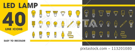Led and light bulb lamps line icons set. Vector modern illumination equipment. Diode, fluorescent, halogen or filament electrical bulbs for energy efficiency, innovation and versatile lighting options 113201080