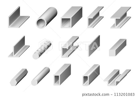 Rolled steel metal and stainless profiles of bar, square angle plate and tube, vector isometric section icons. Rolled iron rail and metal beam rod, building or metallurgy engineering metallic armature 113201083
