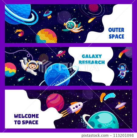 Galaxy space banners. Kid astronaut, space planets and stars, ufo and alien. Cartoon vector bookmarks or horizontal cards with cute infant cosmonaut soar in weightlessness, rockets and et invaders Galaxy space banners. Kid astronaut, space planets and stars, ufo and alien. Cartoon vector bookmarks or horizontal cards with cute infant cosmonaut soar in weightlessness, rockets and et invaders 113201098