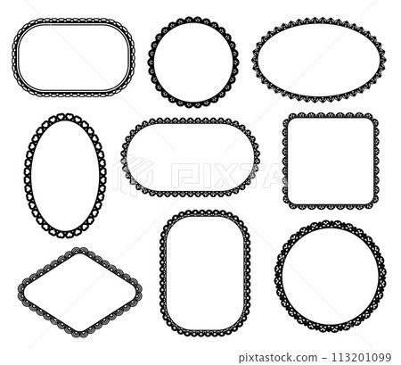 Scallop edge lace frames and border lines. Vector scalloped square, rectangle, circle, oval and rhombus shapes. Frame silhouettes with vintage frills pattern. Flowers and stars ornament border lines Scallop edge lace frames and border lines. Vector scalloped square, rectangle, circle, oval and rhombus shapes. Frame silhouettes with vintage frills pattern. Flowers and stars ornament border lines 113201099