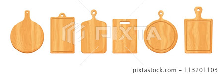 Cartoon wooden kitchen chopping boards, vector food cooking tools. Isolated round and paddle shape cutting or chopping boards set with brown wood texture. Restaurant and household kitchen utensils Cartoon wooden kitchen chopping boards, vector food cooking tools. Isolated round and paddle shape cutting or chopping boards set with brown wood texture. Restaurant and household kitchen utensils 113201103