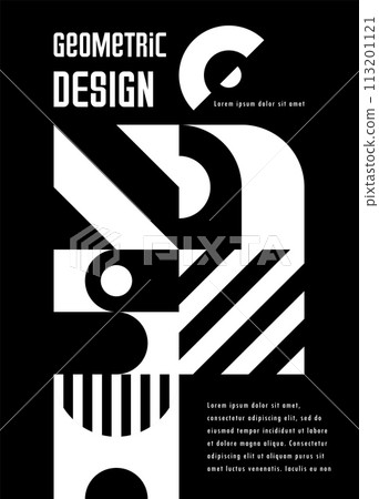 Monochrome modern abstract geometric pattern banner with simple shapes. Vector background of black white circles, squares, lines and arches mosaic composition. Trendy graphic brochure template 113201121