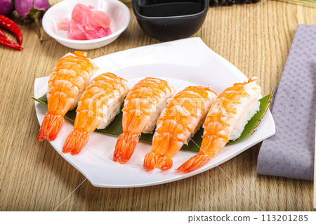 Japanese cuisine - sushi with prawn 113201285