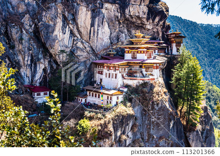 Taktshang Goemba, Tiger's Nest Monastery in Bhutan, View from afar. Taktshang Goemba, Tiger's Nest Monastery in Bhutan, View from afar. 113201366