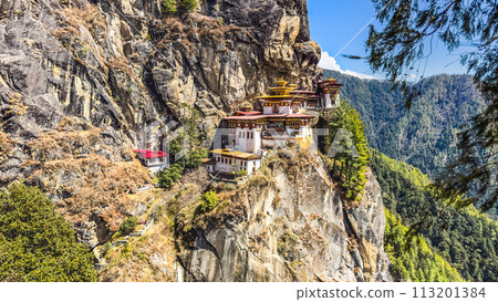 Taktshang Goemba, Tiger's Nest Monastery in Bhutan, View from afar. 113201384