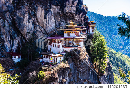 Taktshang Goemba, Tiger's Nest Monastery in Bhutan, View from afar. 113201385