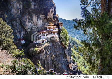 Taktshang Goemba, Tiger's Nest Monastery in Bhutan, View from afar. 113201386