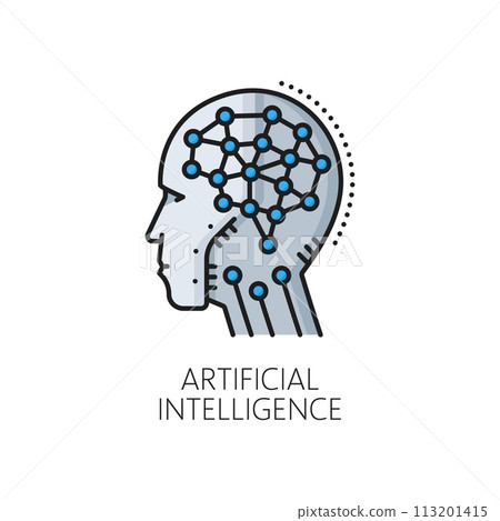 Artificial intelligence algorithm, AI machine learning thin line color icon. Robotic smart algorithm, artificial intelligence technology outline vector icon with android or cyborg artificial brain 113201415