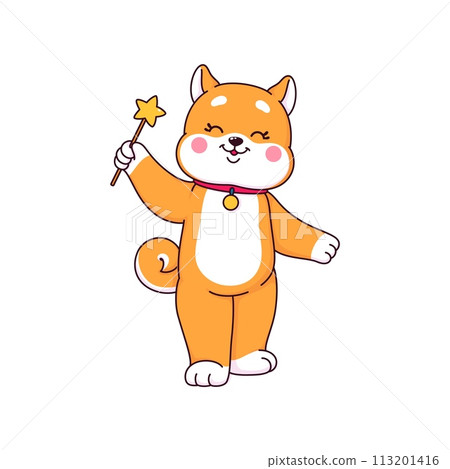 Cartoon japanese happy shiba inu puppy dog character with magic wand. Cute kawaii pet personage of vector brown dog animal playing with star stick. Japanese shiba inu puppy with funny smiling face 113201416