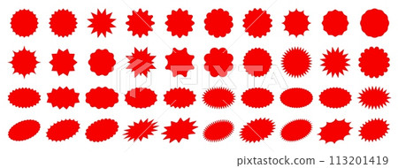 Starburst sale price stickers and labels, star and rosette, sunburst, callout and splash, stamp and tag badges. Isolated vector circle and oval red stickers, promo labels and tags with scalloped edges Starburst sale price stickers and labels, star and rosette, sunburst, callout and splash, stamp and tag badges. Isolated vector circle and oval red stickers, promo labels and tags with scalloped edges 113201419
