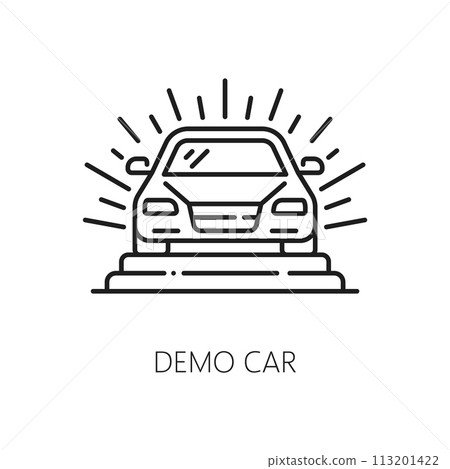 Car company, auto dealer, dealership line icon. Automobile salon, rental center or lease shop demo vehicle linear vector pictogram. Auto distributor outline sign or symbol with sedan car on pedestal Car company, auto dealer, dealership line icon. Automobile salon, rental center or lease shop demo vehicle linear vector pictogram. Auto distributor outline sign or symbol with sedan car on pedestal 113201422