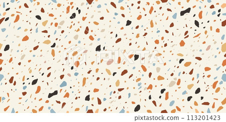 Terrazzo mosaic tile pattern, terazzo ceramic marble floor texture, terazo stone background. Vector seamless pattern of white terrazzo tile with color rock fragments. Wall and floor decor background Terrazzo mosaic tile pattern, terazzo ceramic marble floor texture, terazo stone background. Vector seamless pattern of white terrazzo tile with color rock fragments. Wall and floor decor background 113201423
