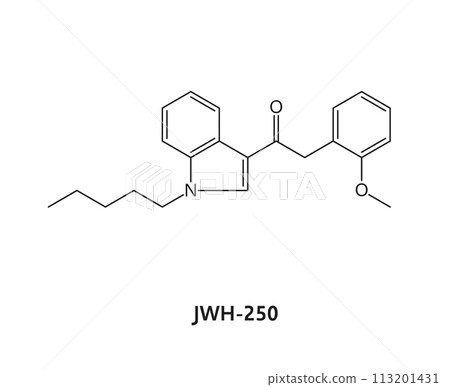 JWH-250 drug molecule formula and chemical structure, synthetic or organic drugs vector model. JWH-250 analgesic drug or cannabinoid narcotic substance in molecular structure and chemical formula JWH-250 drug molecule formula and chemical structure, synthetic or organic drugs vector model. JWH-250 analgesic drug or cannabinoid narcotic substance in molecular structure and chemical formula 113201431