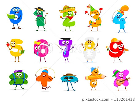 Cartoon funny math number characters. Cute digits and mathematics signs personages with happy faces and smiles. Color numbers, addition, subtraction and multiplication, equals and division symbols 113201438