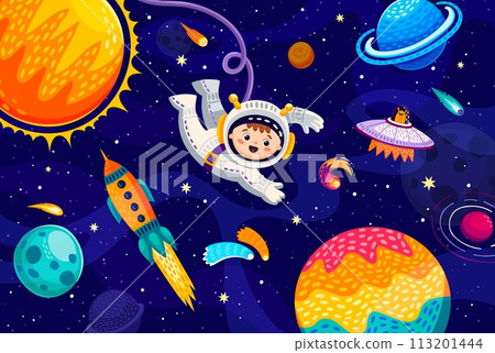 Kid astronaut in outer space, galaxy planets, stars and starcraft. Cartoon boy character in outer space with ufo and shuttle. Little cosmonaut exploring universe expanse, floats in weightlessness Kid astronaut in outer space, galaxy planets, stars and starcraft. Cartoon boy character in outer space with ufo and shuttle. Little cosmonaut exploring universe expanse, floats in weightlessness 113201444