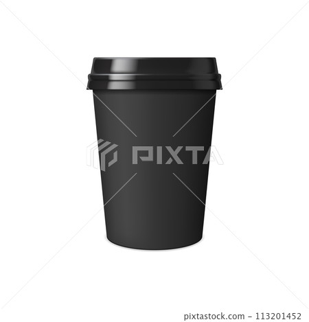 Takeaway coffee paper cup and realistic mockup. Street cafe takeout hot beverage, fast food takeaway latte cardboard or coffee paper cup or mug with plastic lid vector 3d realistic mockup 113201452