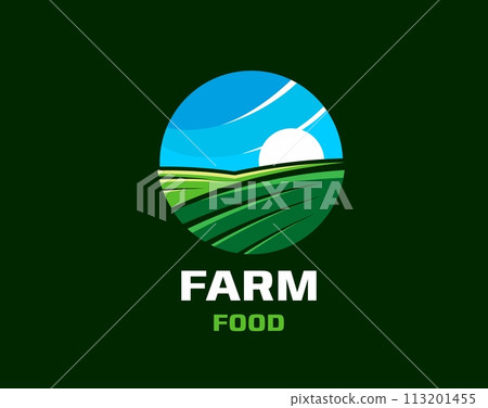 Agriculture farm field icon. Isolated vector round emblem for natural organic food, harvest, healthy fresh, farmer market eco products. Rural ranch landscape with green meadow, hills, blue sky and sun Agriculture farm field icon. Isolated vector round emblem for natural organic food, harvest, healthy fresh, farmer market eco products. Rural ranch landscape with green meadow, hills, blue sky and sun 113201455