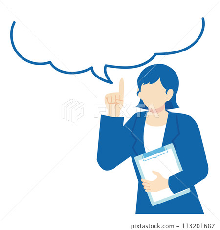 A woman in a dark blue suit holding a binder and a speech bubble frame 113201687