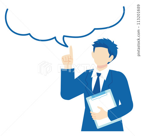 一個穿著深藍色西裝的男人拿著活頁夾和語音氣泡框 一個穿著深藍色西裝的男人拿著活頁夾和語音氣泡框 113201689