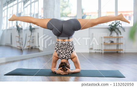 Experienced sporty young girl fitness club teacher performs feathered peacock asana, pincha mayurasana in fitness room 113202050