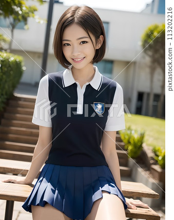A high school girl is sitting on a bench in front of the school building and smiling. 113202216