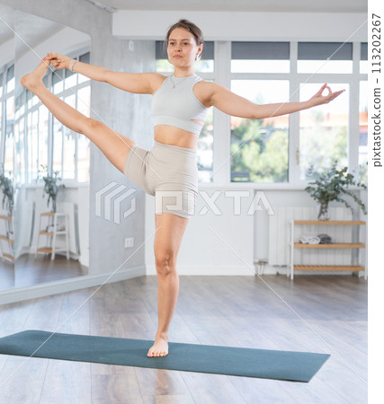 Skilled young girl in activewear doing yoga bird of paradise, Svarga Dvijasana in fitness center Skilled young girl in activewear doing yoga bird of paradise, Svarga Dvijasana in fitness center 113202267