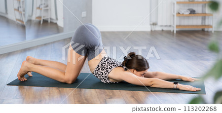 Skilled young female trainer performing cat-cow pose of yoga in training room Skilled young female trainer performing cat-cow pose of yoga in training room 113202268
