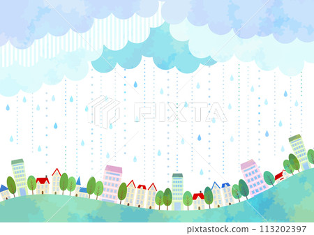 rainy season, background, watercolor, cityscape, cute, illustration, horizontal 113202397