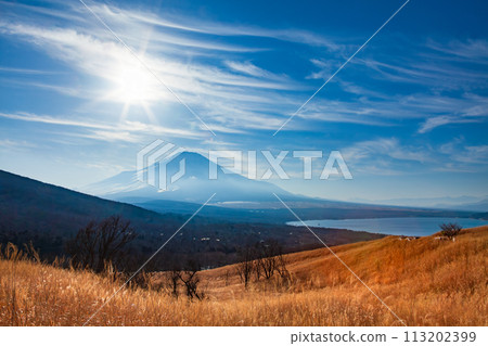 從山梨縣山中湖村的全景平台上的三國峠可以看到冬天的富士山 113202399
