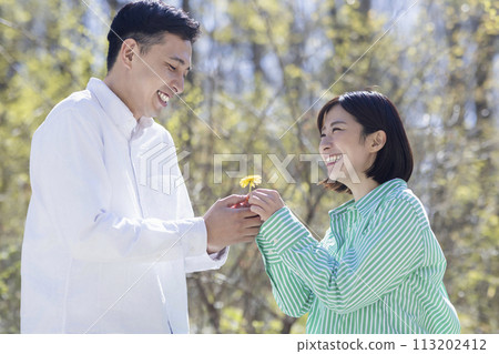 A refreshing couple giving dandelions as gifts 113202412