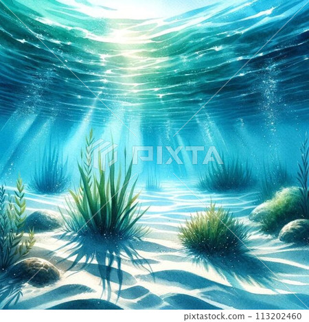 Undersea light show: illustration of underwater plants and light refraction 113202460