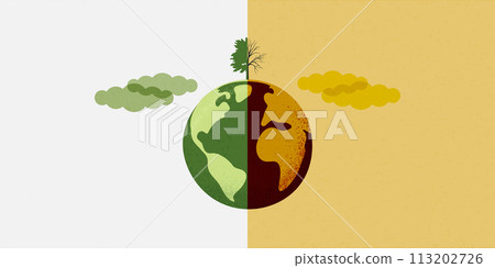 Earth globe, compared between green sustainability ecology and high pollution earth with death tree. Vector Illutration. 113202726