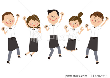 Waiters and waitresses jumping at a pop restaurant 113202938