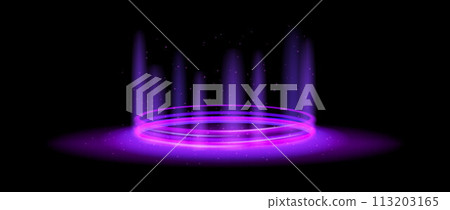 Purple glowing portal concept. Neon hologram teleport on black background. Circle digital gate with aura and beams. Round flare podium template for game, ui, interface. Vector halo illustration 113203165