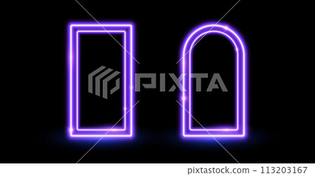 Glow neon rectangle and arch frames. Purple shining borders. Neon light portal doors concept. Gold rectangular and curved arc border with flares. Design element for poster, banner, game. Vector 113203167