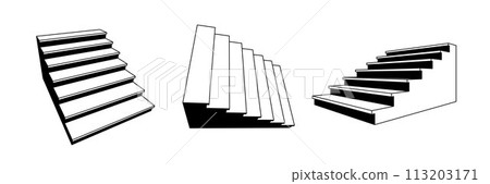 Simple linear stairway set. 3d staircase in different perspective. Black and white stair steps collection. Graphic design element pack concept for success, growth, promotion, progress. Vector bundle 113203171