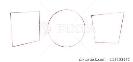 Rose gold thin frames set. Pink gold geometric borders in art deco style. Thin linear rectangle and circle collection. Foil glowing shiny boarder element pack. Vector photo, cadre, decor bundle 113203172