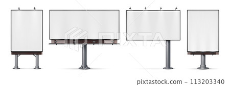 Outdoor billboard mockup. Realistic 3d vector banners or posters showcase advertisement on a large roadside display. Outside metal constructions for commercial use in urban and city environments 113203340